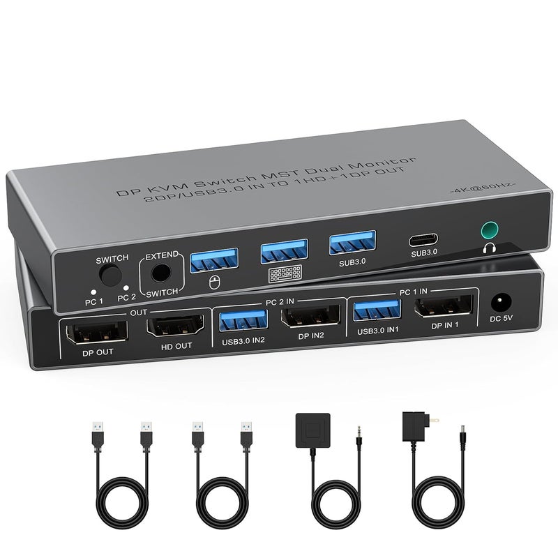 CCONG DisplayPort KVM Switch 2 Monitors 2 Computers 4K@60Hz,3 USB3.0 1 USB-C Ports for 2 Computers Sharing HDMI/DP Dual Monitors Keyboard Mouse with 2USB Cable,Power Adapter,Controller(Save 3 HDMI/DP cable) - Image 1